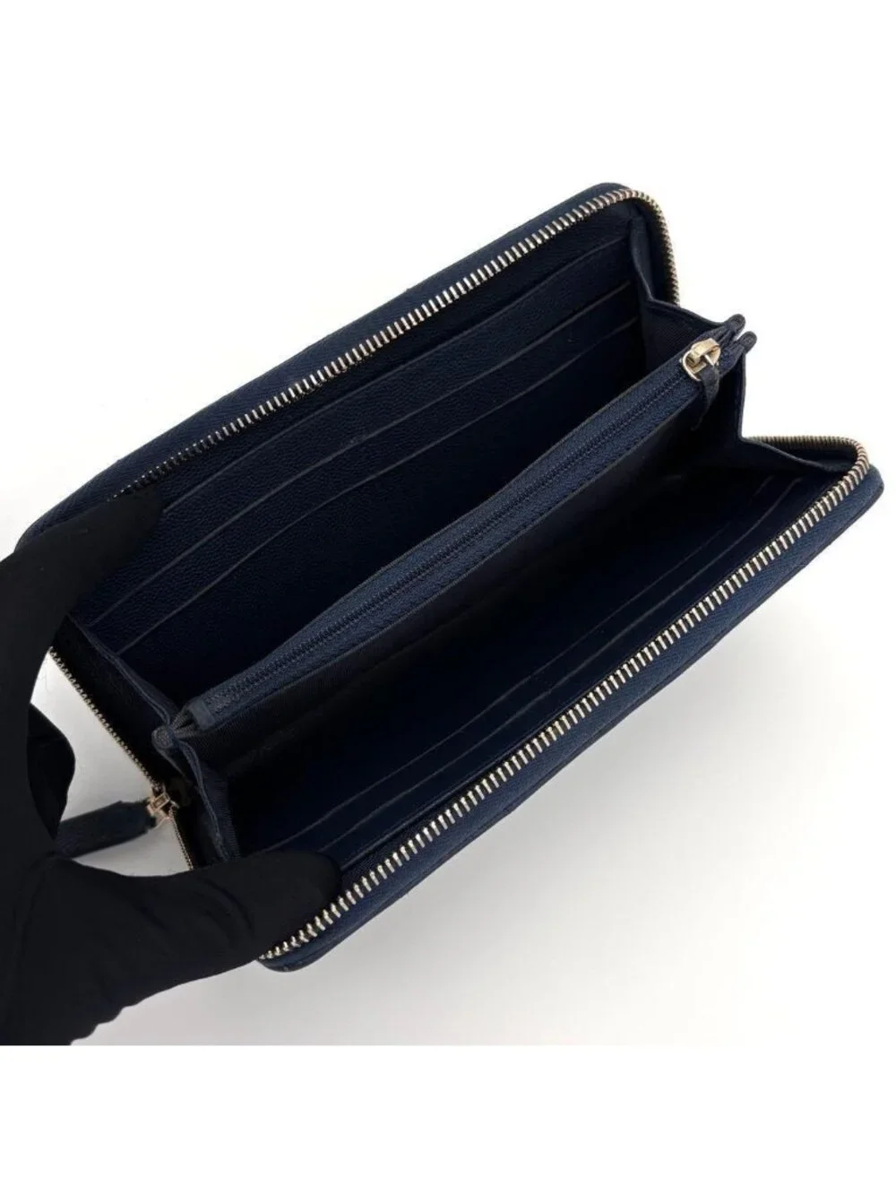 Chanel Quilted Caviar Leather Zip Around Wallet Navy